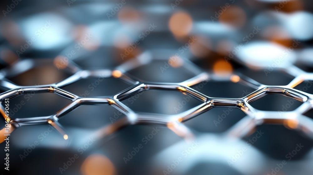 Poster this image captures a futuristic, metallic hexagonal framework, with reflective surfaces and warm li