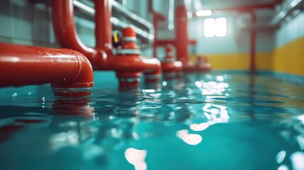This image captures red pipes running above a pool of water in an industrial room, representing advanced engineering processes and water management solutions.