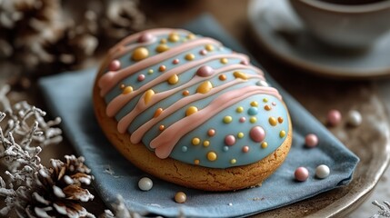 Decorated Easter egg cookie on a blue napkin with pastel sprinkles and a cup of tea in the background.