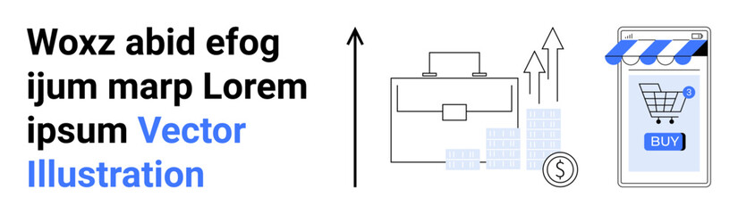 Briefcase and coins with growth arrows, mobile device with a shopping cart icon and BUY button. Ideal for e-commerce, finance, business growth, marketing, online sales, digital investments, economic