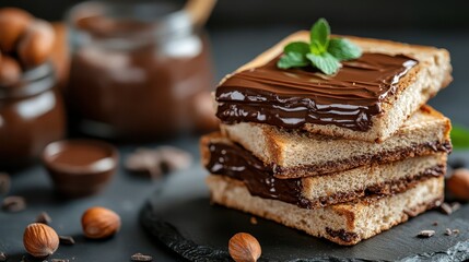 A sumptuous arrangement of toasted bread slices topped with glossy chocolate spread and garnished with fresh mint leaves, presented elegantly on a dark slate platter.