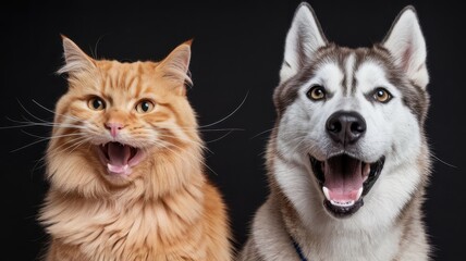 Ginger Cat and Siberian Husky Dog Looking Forward with Calm Expressions