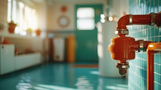 A detailed view of an orange valve pipe connection in an industrial setting with teal tiled walls, capturing the essence of engineering precision and aesthetics.