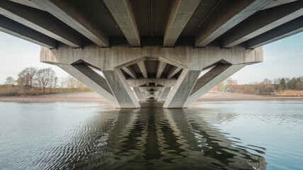 A bridge spans a river with a calm, reflective water surface. The bridge is a large, concrete structure with a few trees in the background