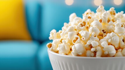Bowl of popcorn with a cozy, colorful background, AI