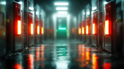 A mysterious corridor in a server room filled with mist and glowing orange lights. The contrasts between dark and light elements create a dramatic, moody effect.