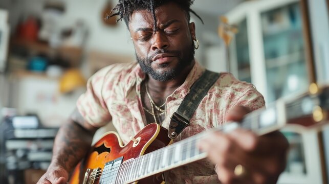 A captivating image of a guitarist fully absorbed in his music, playing a soulful melody amidst a warm, inviting setting, embodying the passion of performance.