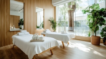 Fototapeta premium This image showcases a beautifully designed spa massage room with minimalist elegance, featuring two massage beds, large windows, and lush greenery in the background.