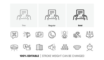 Loud sound, Mental health and Wallet line icons. Pack of Push cart, Dish, Meeting icon. Buildings, Qr code, Teamwork pictogram. Led lamp, Call center, Receive file. Money tax, Id card. Vector