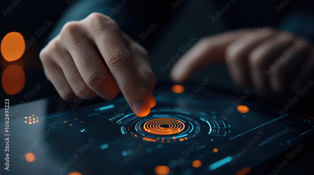 Poster futuristic interface interaction with focused executive using tablet. glowing elements and intricate