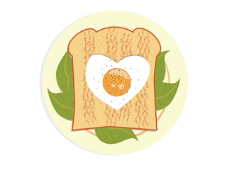 toast with scrambled eggs in the shape of a heart on a plate with salad, spisant, healthy food, breakfast, brunch
