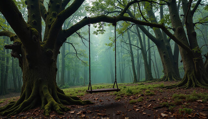 Swing in misty forest with ancient trees