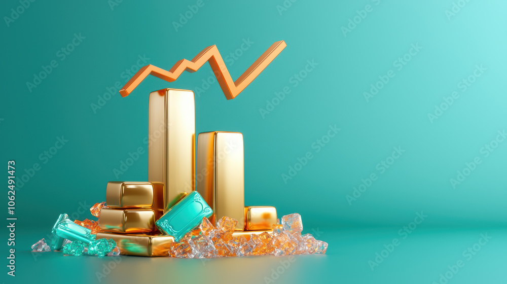 Poster golden bars stacked with rising graph symbolizing value and growth, surrounded by colorful gems. thi