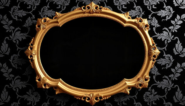 Ornate gold frame on dark floral wallpaper background
