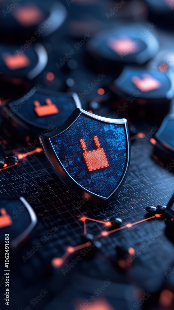 Poster cybersecurity icons on digital background symbolize protection and technology. image conveys sense o