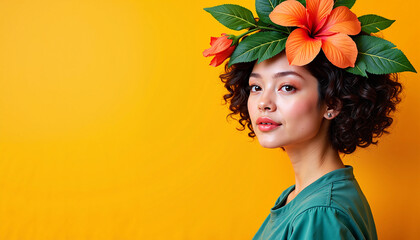 Woman with floral headdress smiling against yellow background