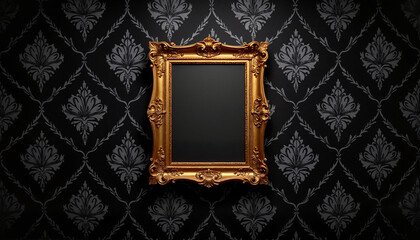 Golden ornate frame on dark floral wallpaper