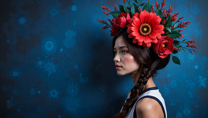 Woman with floral headdress against blue background