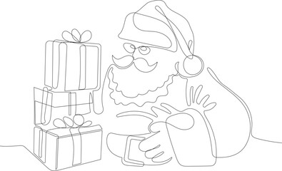 Outlined Cute Santa Claus Cartoon Character With A Sack Full Of Gifts. Vector Hand Drawn Illustration. One continuous line drawing Santa Claus on reindeer and sled. concept for Christmas and New Year