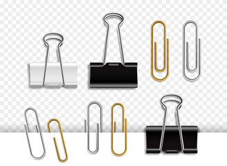 Vector illustration of office supplies, featuring binder clips, paper clips in black, silver, gold colors. Realistic design with transparent background, for office, organization, stationery themes