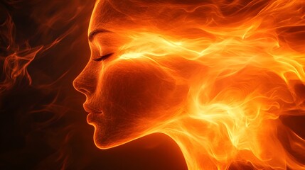 Passionate fiery orange faces fusing in a glowing atmospheric swirl, capturing the emotional intensity and warmth of human connection with surreal lighting