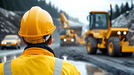 Focused engineer watching paving equipment lay fresh asphalt on a highway, detailed construction site, moving cars in the background. Engineer Oversight, Road Maintenance