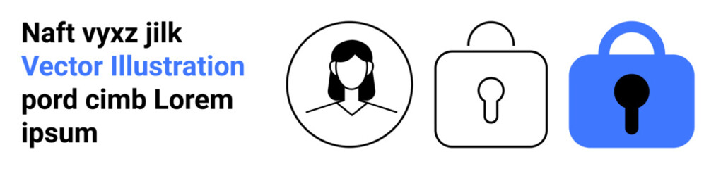 Female user profile icon, outline lock with keyhole, and blue locked padlock. Ideal for online security, privacy settings, user authentication, account protection, cybersecurity, data safety