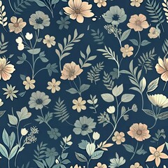 Vintage floral pattern with elegant beige and blue flowers on dark background