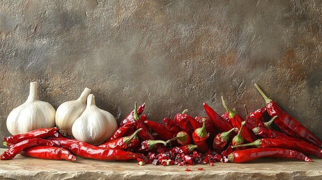 Dried chili peppers and garlic cloves artfully arranged