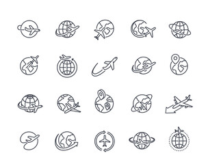A set of vector icons featuring globe and airplane themes. The designs represent travel, global connectivity, and navigation. Minimalist, outlined style suitable for travel-related projects or apps