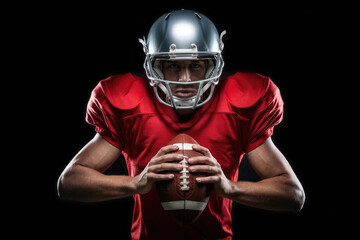 A football player in a red jersey holding a football. The image has a mood of determination and focus