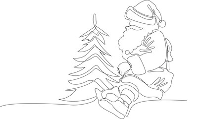 Outlined Cute Santa Claus Cartoon Character With A Sack Full Of Gifts. Vector Hand Drawn Illustration. One continuous line drawing Santa Claus on reindeer and sled. concept for Christmas and New Year