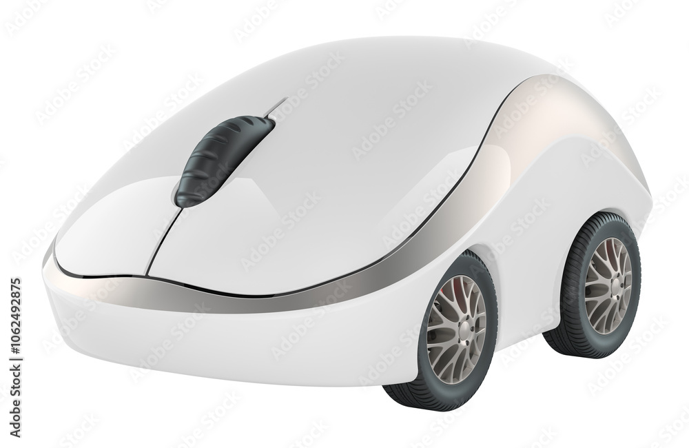 Poster computer mouse with car wheels, 3d rendering isolated on transparent background