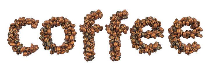 Coffee inscription from roasted coffee beans, 3D rendering isolated on transparent background