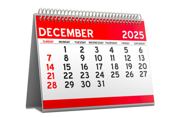 December 2025 Desk Calendar, 3D rendering isolated on transparent background