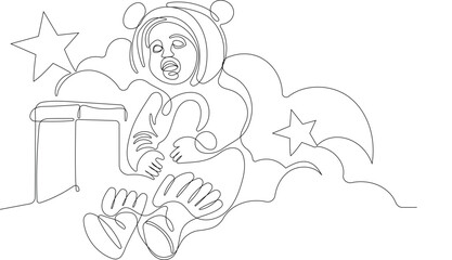 Outlined Cute Santa Claus Cartoon Character With A Sack Full Of Gifts. Vector Hand Drawn Illustration. One continuous line drawing Santa Claus on reindeer and sled. concept for Christmas and New Year