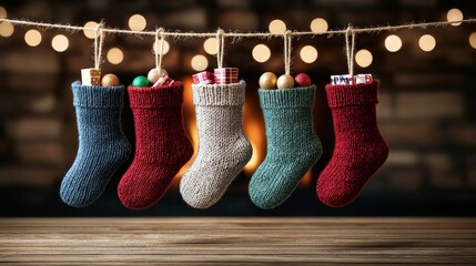 Handmade woolen socks of various colors, filled with candy and gifts, hanging on a wooden fireplace, soft glow and festive atmosphere, Christmas warmth