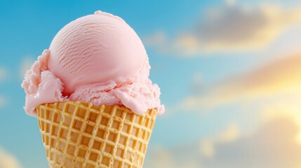 Pink ice cream scoop on a waffle cone against a sunny sky backdrop, AI