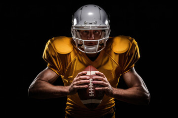 A football player in a yellow jersey holding a football. The image has a mood of determination and focus