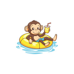 Naklejka premium Cheerful Cartoon Monkey Relaxing on Yellow Floater with a Cool Lemon Drink in Hand