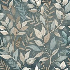 Elegant botanical pattern with vintage leaves on teal background