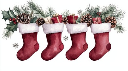 Illustrated Christmas socks filled with gifts and treats, hanging from a festive garland with pinecones, snowflakes, and a glowing fireplace in the background