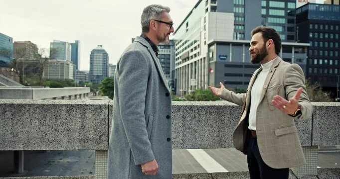 Outdoor, business and man with handshake for meeting, partnership and greeting as property developer. Bridge, people and happy or smile in New York downtown for collaboration, deal and teamwork
