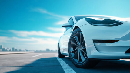 A white unbranded electric car parked on the road. Space for text. 