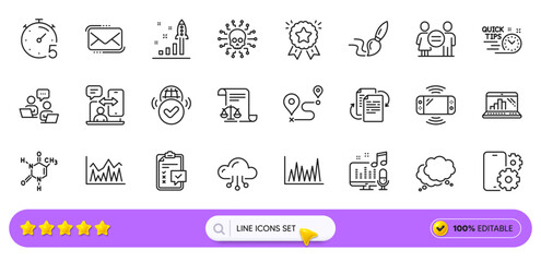 Chemical formula, Bureaucracy and Timer line icons for web app. Pack of Phone service, Journey, Equality pictogram icons. Investment, Brush, Phone timing signs. Graph laptop. Search bar. Vector