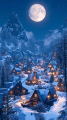 vertical image of a snowy village at night with glowing Christmas lights and a full moon in the sky, suitable for mobile phone