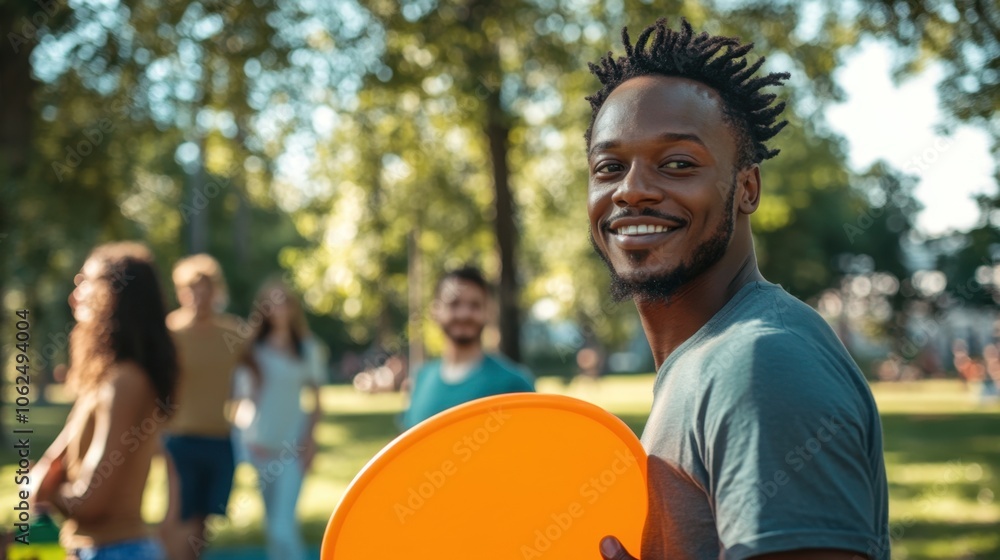 Wall mural sunny day in the park, a black man holding an orange frisbee, with friends in the background