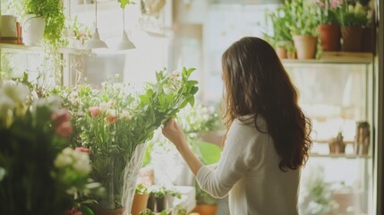 Woman tending to flowers in her bright floral shop, working on her startup, simple composition with minimal distractions.