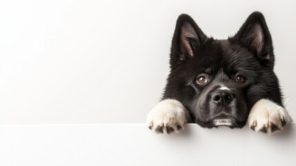 Fluffy Akita in the lower left, leaning on a small white text box with a cozy white background, ideal for placing big text. 