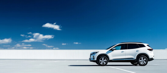 Single car in a parking lot. Contrast day light, banner with copy space.
